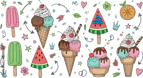 Candy doodle hand drawn vector. Ice cream dessert with cherry cone star heart arrow. Sketch cartoon icon popsicle. Scribble marker art. Line, shape candy doodle vector with sweet fun element. Chalk bg