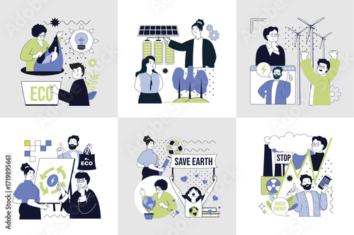 Nature and ecology concept set for web design. Collection with people sorting waste, using renewable alternative energy, trying to stop toxic pollution, save planet and forest. Vector illustration.