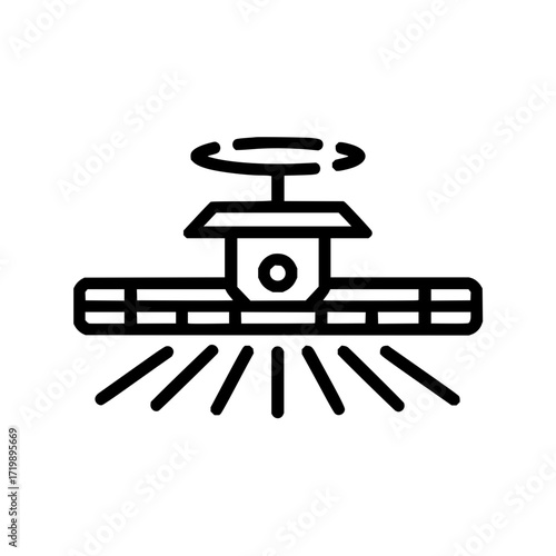 Illustration of a black outline sprinkler system with rotating nozzle and water streams on white background