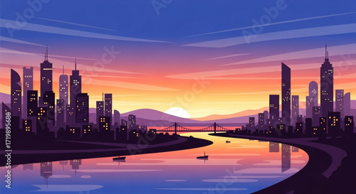 A vibrant cityscape illustration featuring a river reflecting the colorful sunset sky, with silhouetted skyscrapers and distant mountains creating a serene urban landscape