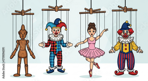 A whimsical collection of marionette puppets featuring a wooden figure, a jester, a ballerina, and a clown, all suspended by strings against a light blue backdrop