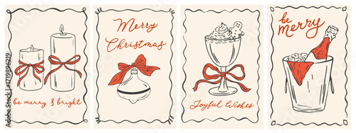 Hand drawn vintage ink Christmas posters. Retro new year drawing set in doodle line art, minimalist print style with champagne, cocktail, candle and Christmas toy. Vector cards in coquette style