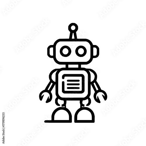 Illustration of a simple black and white robot with a square body and circular head design element