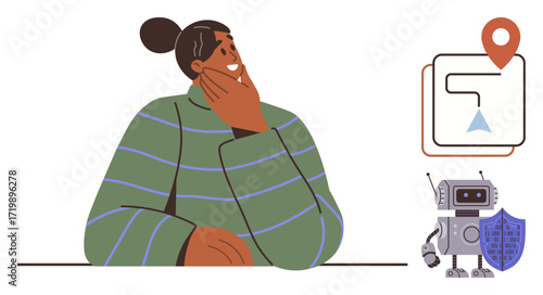 Person thinking next to a navigation map and robot with shield. Ideal for guidance, innovation, artificial intelligence, smart planning, problem-solving, technology, security. Simple flat metaphor