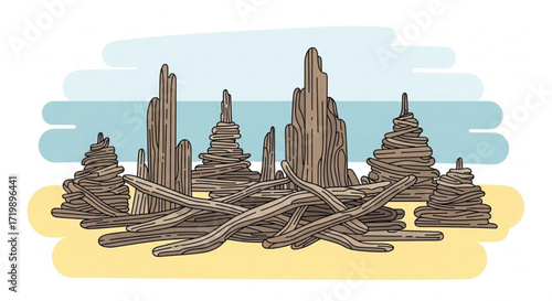 Illustration of driftwood stacks on a sandy beach with a blue sky in the background, showcasing natures artistry and coastal charm in a whimsical style