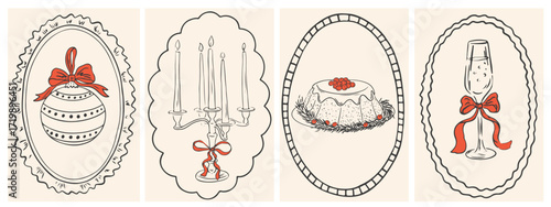 Hand drawn vintage Christmas posters. Retro new year drawing set in doodle line art, minimalist print style with candleholder, Christmas toy, cake and champagne. Ink vector cards in coquette style