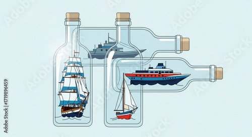 A collection of ships in bottles, showcasing the artistry and craftsmanship of miniature shipbuilding, a unique and captivating nautical display