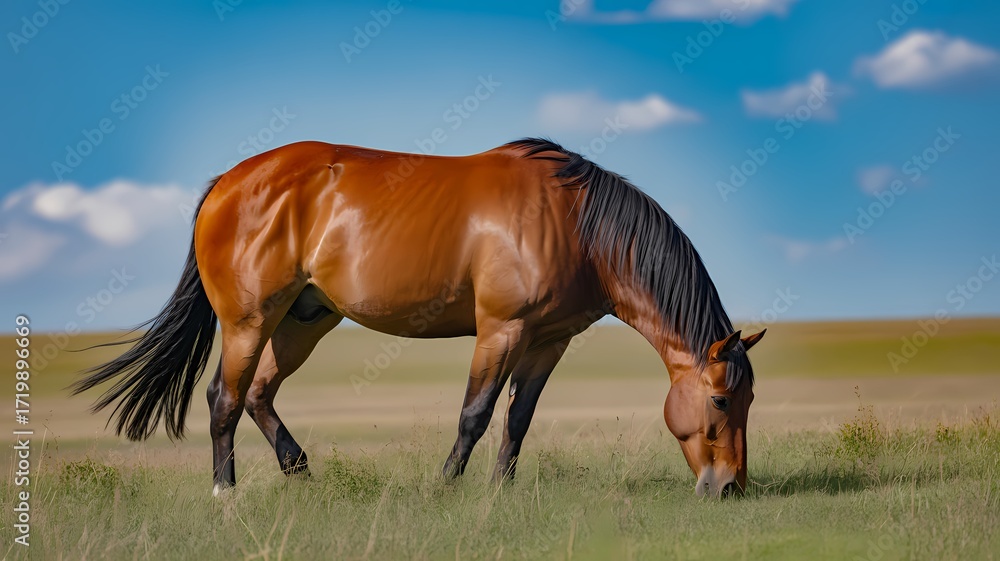 Obraz premium A brown horse grazing in a field under a blue sky with scattered white clouds