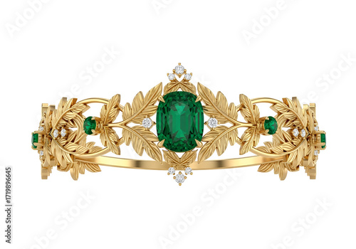 A gold bracelet adorned with intricate leaf designs and vibrant emerald gemstones, showcasing a luxurious and elegant style.