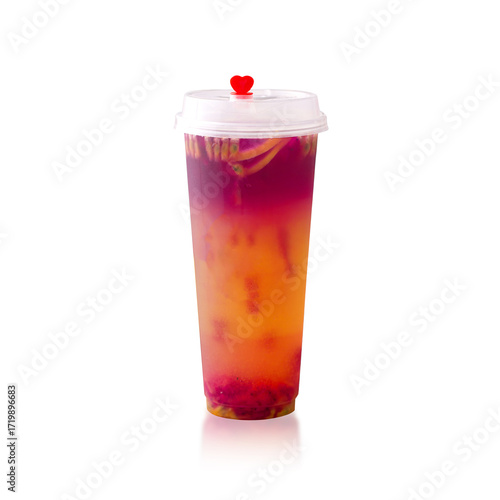 Tropical isolated cold beverage with lemon, dragon fruit, and passion fruit