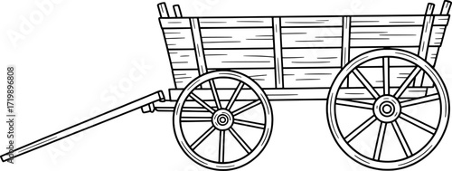 Wooden cart with large spoked wheels and long handle wagon