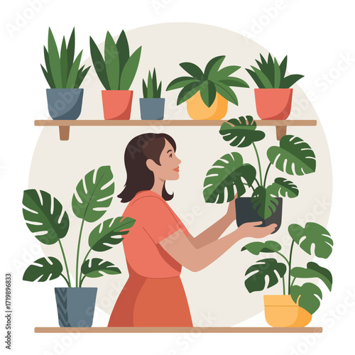 Woman taking care of houseplants on shelves