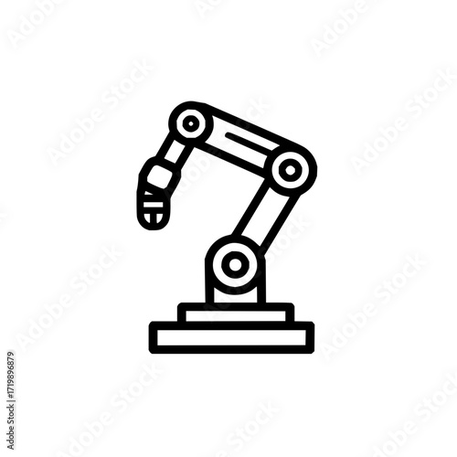 Illustration of a robotic arm with multiple joints and a gripper in a simple black outline style design
