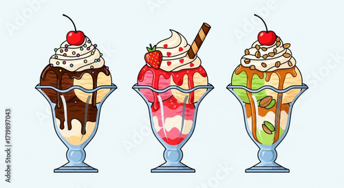 Illustration of three ice cream sundae in glass cups with different flavors and toppings, perfect for dessert menu or summer treat designs