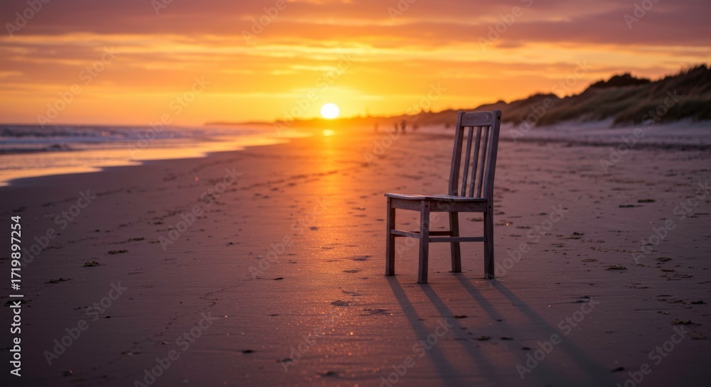 Fototapeta premium A solitary wooden chair stands on a serene beach at sunset offering contemplation