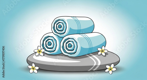 Illustration of rolled towels stacked on a stone with frangipani flowers, creating a spalike atmosphere for relaxation and wellness treatments