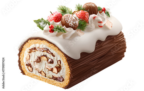   christmas yule log cake, isolated