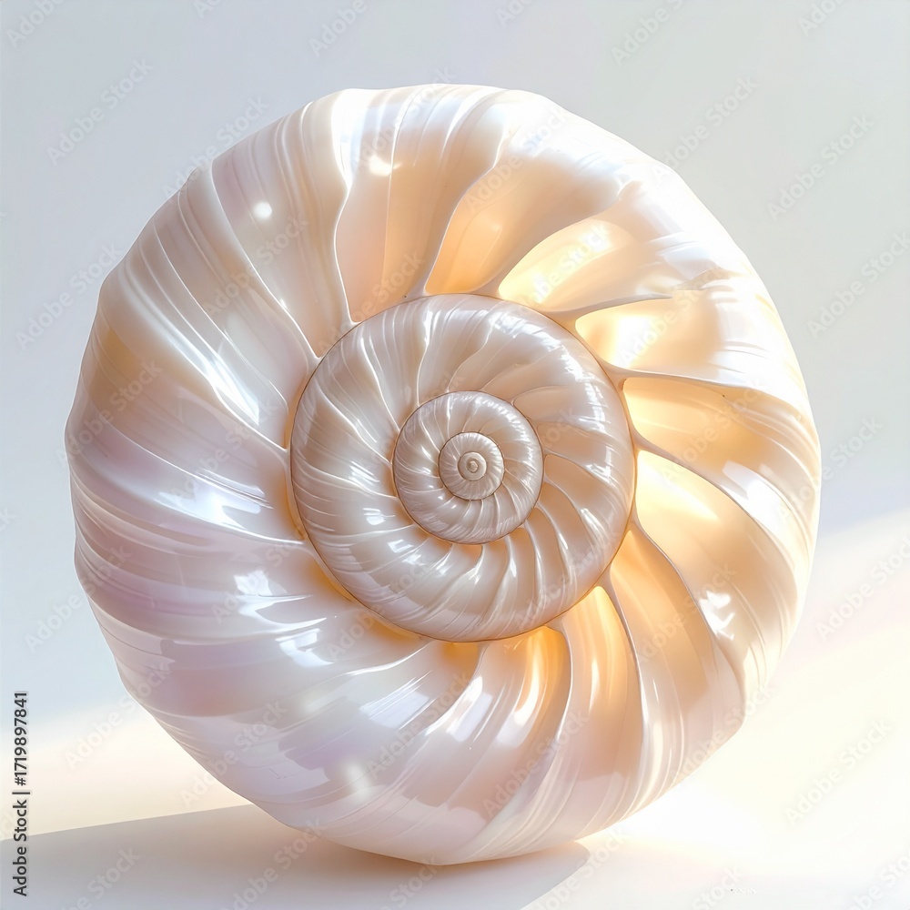 Obraz premium Abstract Nautilus Shell Spiral Close-Up with Pearlescent Shine and Warm Ambient Lighting
