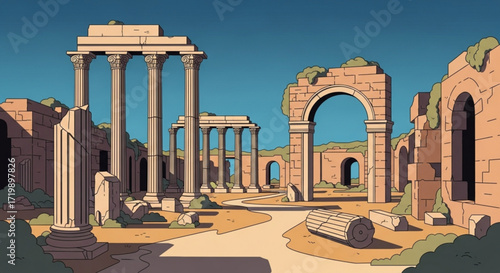Ancient roman ruins with crumbling columns and arches under a clear blue sky, depicting a historical site with weathered stones and architectural remnants