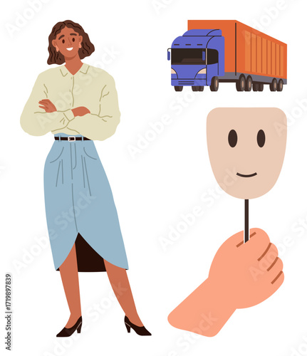 Woman standing confidently, delivery truck representing logistics, and hand holding mask symbolizing identity or emotion. Ideal for career, professionalism, logistics, self-expression, emotion