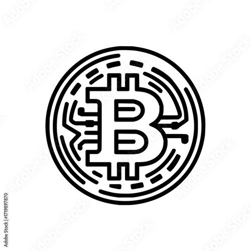 A minimalistic black and white bitcoin symbol with circuit design on a white background in line art style