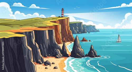 Scenic coastal landscape featuring a lighthouse on a cliff overlooking the ocean, with a sailboat on the water and rocky formations along the shore
