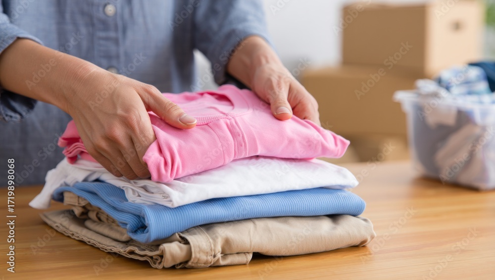 Fototapeta premium Hands neatly folding colorful clean clothes on wooden table representing home organization, laundry routine, household chores and minimal lifestyle concepts