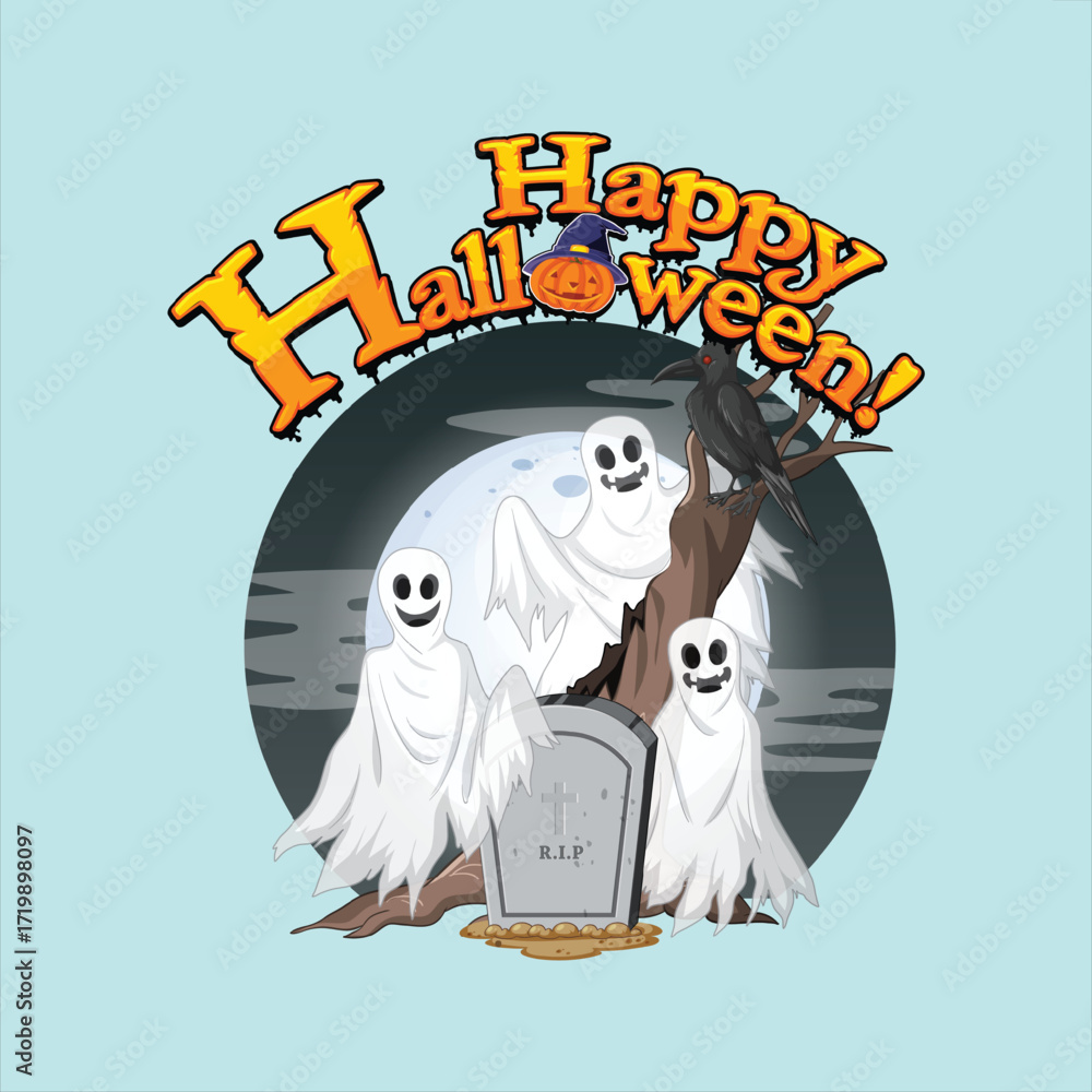 Fototapeta premium Happy Halloween Ghosts with Tombstone and Crow Illustration