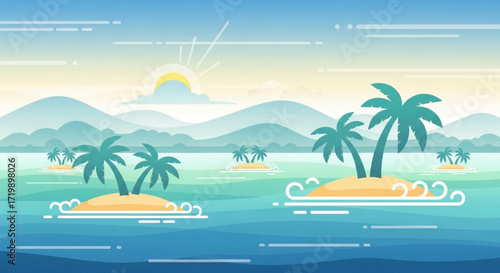 A serene tropical island landscape with palm trees, turquoise waters, and a bright sun, perfect for vacation themes and summer vibes