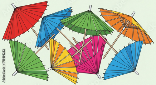 A colorful assortment of cocktail umbrellas, creating a festive and playful pattern perfect for summer parties and tropical themes