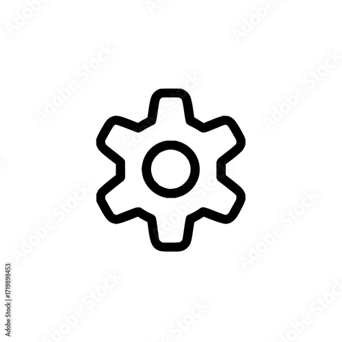 Illustration of a simple black gear icon with rounded edges and a central circle on a white background