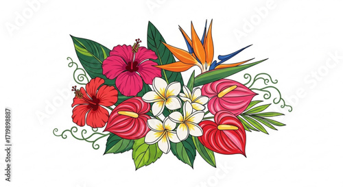 Exotic tropical flower arrangement featuring hibiscus, plumeria, and bird of paradise, a vibrant and colorful floral bouquet