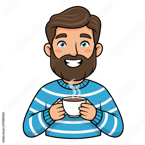 Happy bearded man enjoying a hot drink in a cozy sweater.