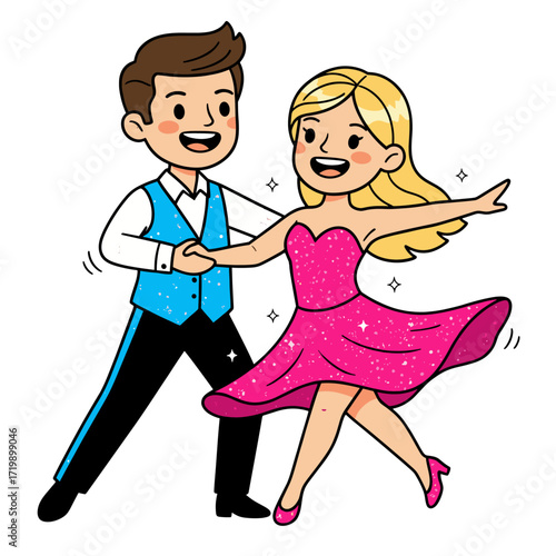 Happy cartoon couple dancing together with joy and elegance.