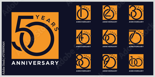 Collection of anniversary square box logo design. Celebration day special vector icon, creative number 10 to 100 symbol graphics