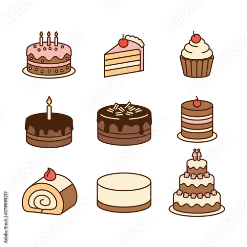 Set of various sweet cake pieces cartoon illustration