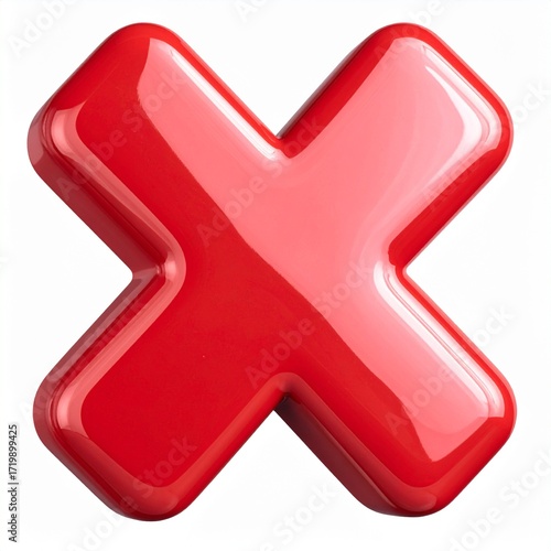 Shiny Red Cross Symbol Depicting Cancellation or Error on a White Background