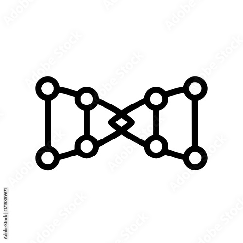 Symmetric network diagram with interconnected circles and lines forming a complex geometric pattern in black
