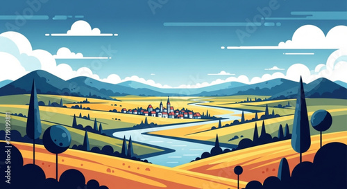 A picturesque vector landscape featuring rolling hills, a winding river, and a charming village nestled in the valley, all under a clear blue sky with fluffy clouds