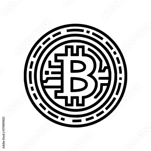 A bitcoin cryptocurrency coin with a stylized b symbol and a detailed border in black and white design