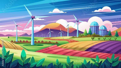 Wind power station in field panoramic background design. Vector illustration with empty copy space for text. Editable shape for poster decoration. Creative and customizable panorama