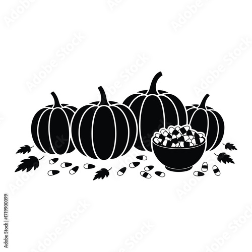 Black and white illustration of pumpkins with candy corn and autumn leaves