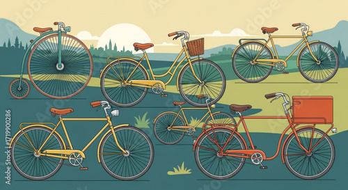 A colorful illustration featuring a variety of vintage bicycles against a backdrop of rolling hills and a setting sun, evoking a sense of nostalgia and adventure