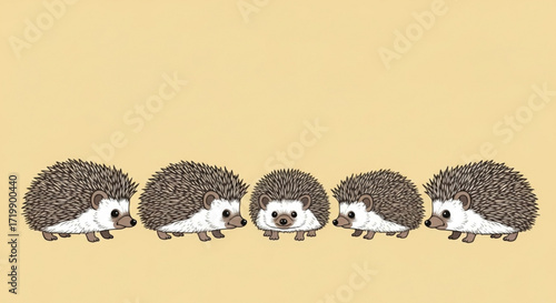 A charming illustration showcases a row of adorable hedgehogs standing side by side against a soft yellow background, creating a delightful and whimsical scene