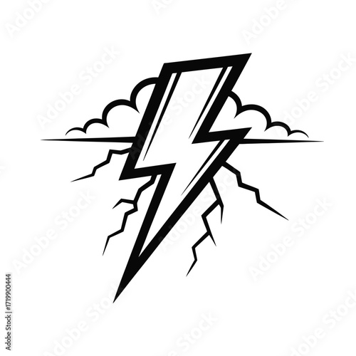 Dramatic black and white illustration of a powerful lightning bolt striking through stormy clouds and jagged terrain