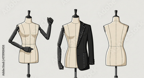 A detailed illustration presents three dress forms, each showcasing a different pose and style, set against a neutral background, ideal for fashion design concepts