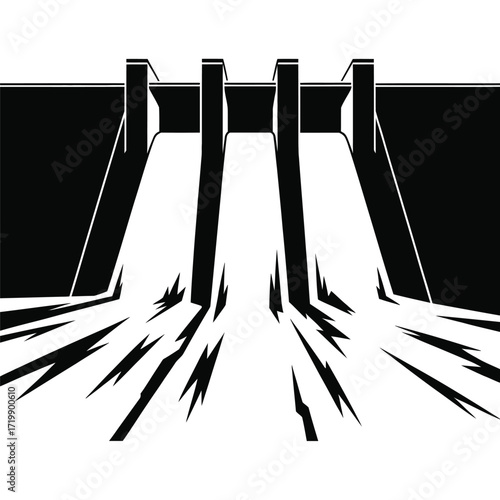 Stylized black and white illustration of water flowing over a dam structure