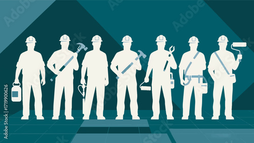 Silhouette Illustration Of A Group Of Workers With The Tools They Are Carrying Vector Design Template