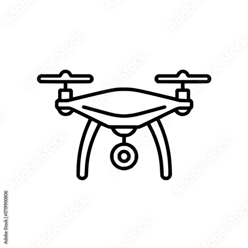Illustration of a drone with four propellers and a camera hanging below the main body in black outline