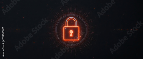 Minimalist black background with glowing 4D lock hologram in center,